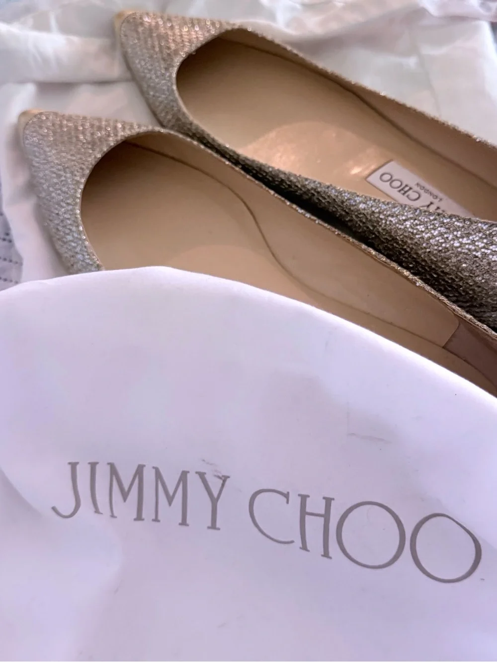 Jimmy Choo Gold Glitter Pointed Toe Flats - Picture 2 of 4